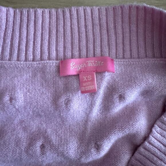 NWOT Dolls Kill Sugar Thrillz Purple Pom Pom Cropped Cardigan - Picture 4 of 4